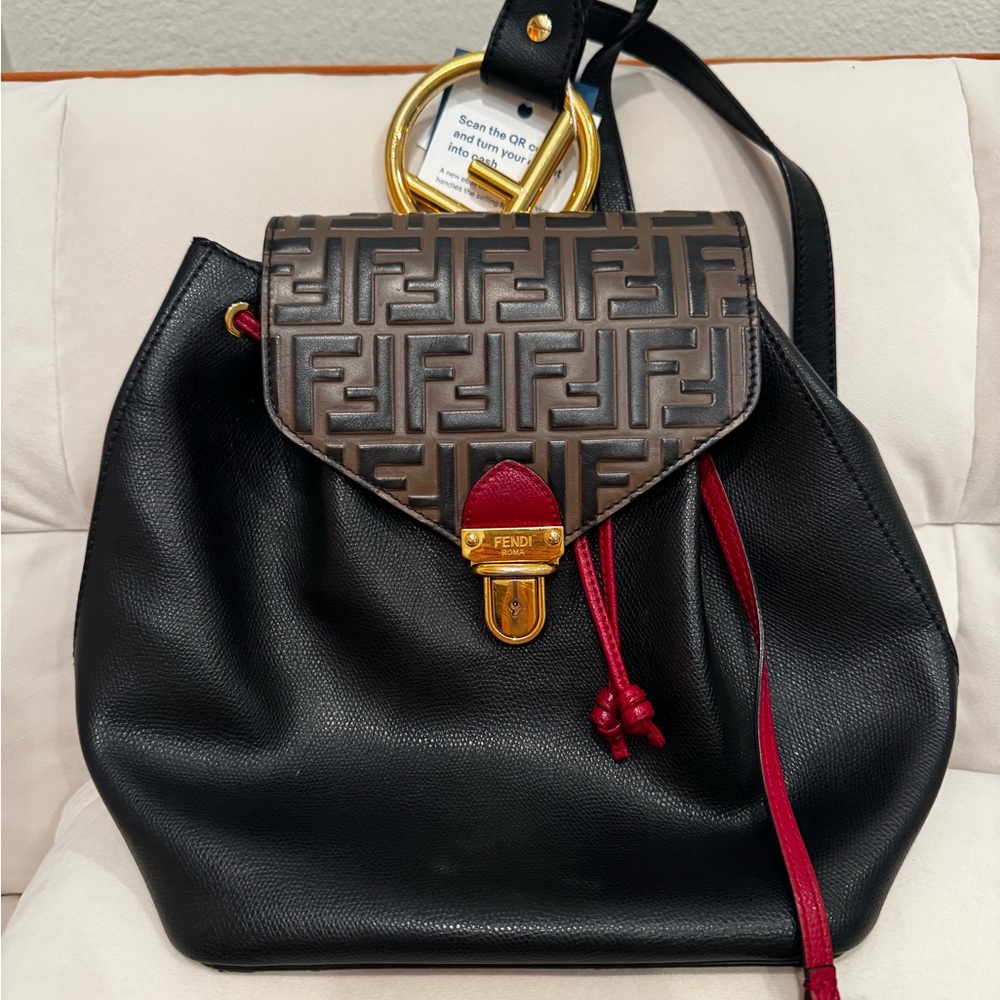 Fendi Black Leather Backpack with Brown FF Monogram Flap and Red Accents - Picture 2 of 6
